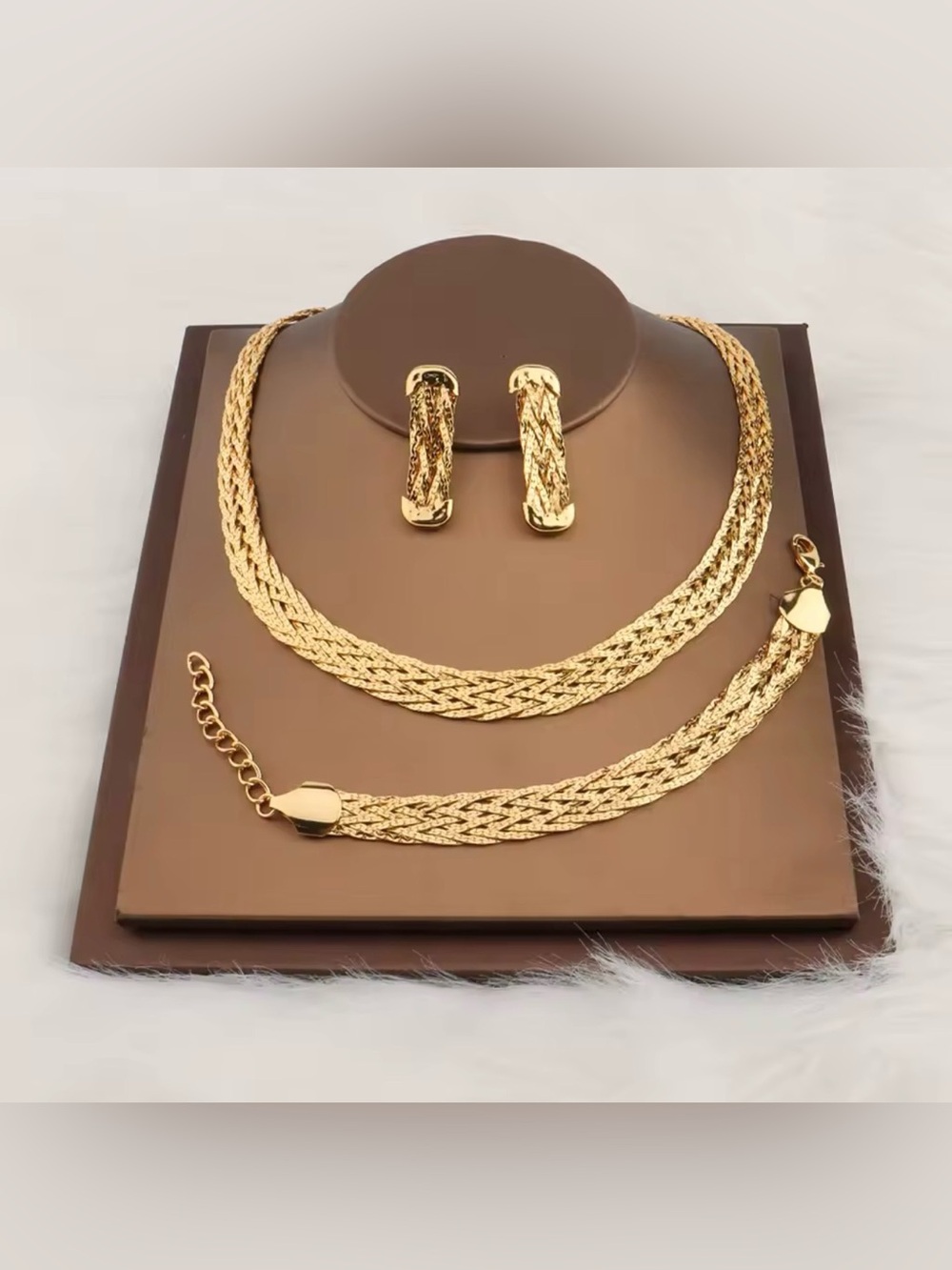 Elegant Gold-Tone Braided Necklace Bracelet& Earring 4 Pieces Set